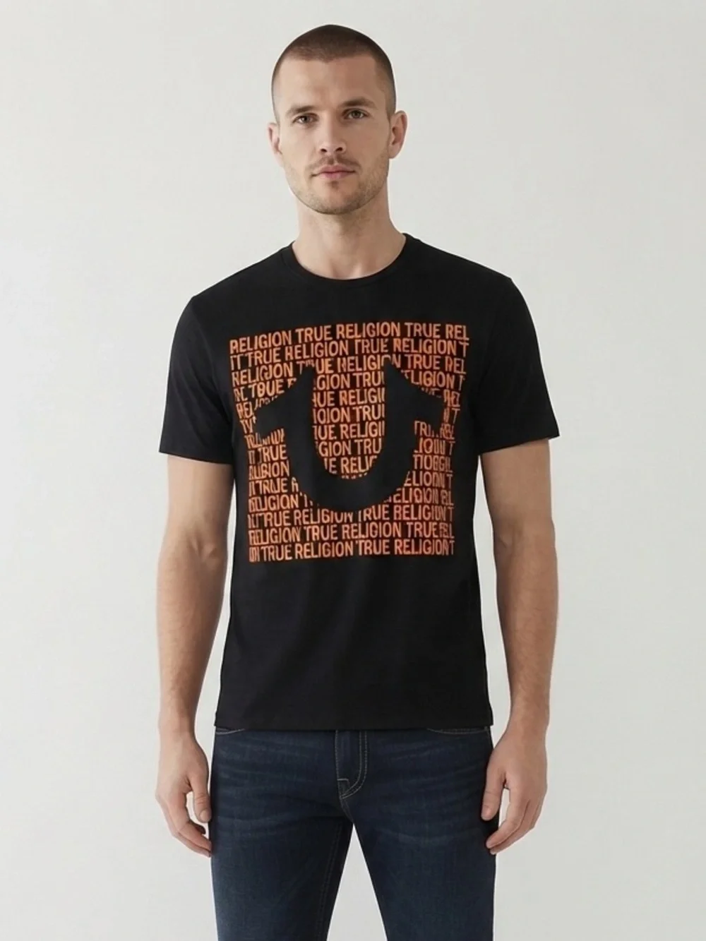 True Religion Black Graphic Logo T-Shirt Orange Horseshoe Men’s Size M